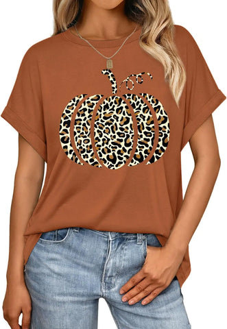 Scgirl Womens Fall T-Shirts Halloween Short Sleeve Pumpkin T-Shirts Loose Thanksgiving Graphic Tee Tops (LBrown)