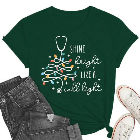 Christmas Shirts for Women Nurse Christmas Tee Shirt Christmas Light Tops Christmas Nurse Vacation Tee Green