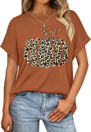 Scgirl Womens Fall T-Shirts Halloween Short Sleeve Pumpkin T-Shirts Loose Thanksgiving Graphic Tee Tops (LBrown)